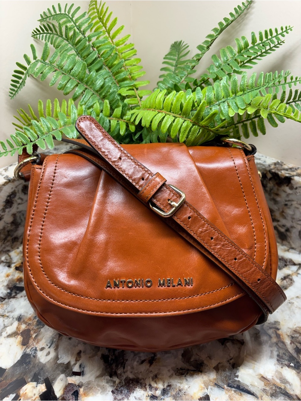 ANTONIO MELANI Cognac Leather Crossbody Saddle Bag